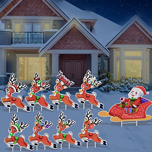 Set of 9 Large Santa's Reindeer Yard Signs Christmas Decoration w/ Stakes