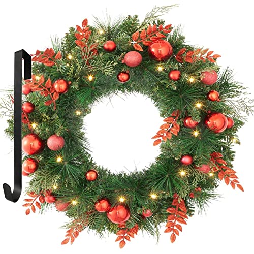 24 Inch Prelit Red Christmas Wreath Pre-Strung 50 LED Lights Battery Operated