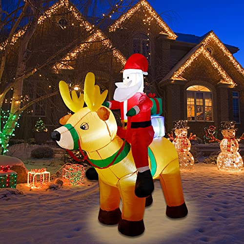 6 Ft Christmas Inflatable Santa Claus on Reindeer w/ Gift Box, LED Lights Christmas Blow up Decoration