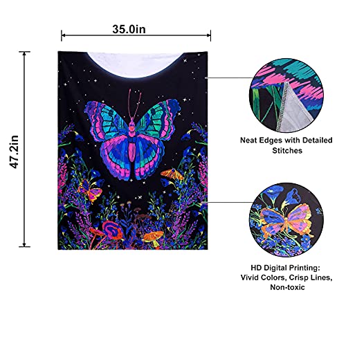 Butterfly Floral Tapestry, Moonlit Garden Wall Blacklight Home Decoration