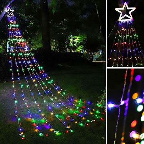 Christmas Star String Lights 317 LED  Waterproof String Lights with Star Topper, 8 Lighting Modes Waterfall Lights for Tree Decor