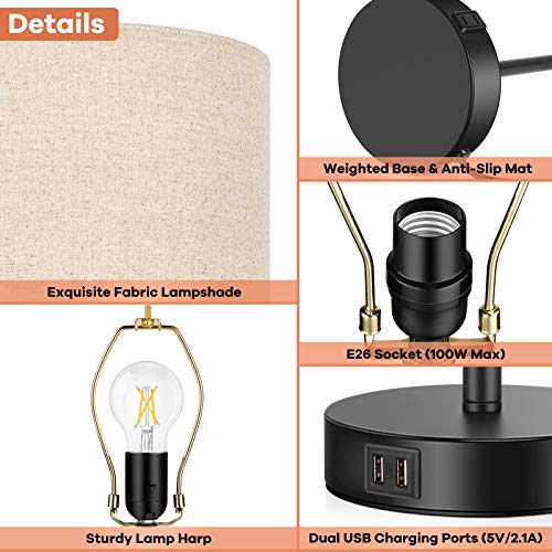 Set of 2  Dimmable Table Lamps w/ 2 USB Ports 2 LED Bulbs Included