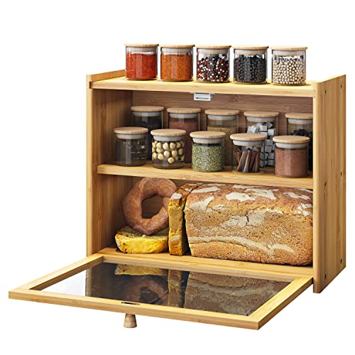 Large Bamboo Bread Box For Kitchen Counter -Double Layer