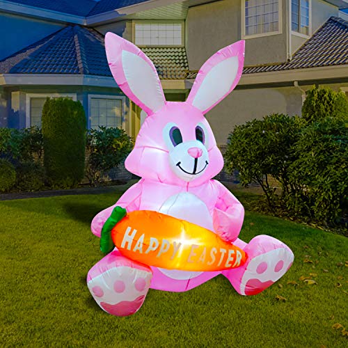 4ft Inflatable Easter Decoration Cute Pink Bunny Holding Carrot w/ LED