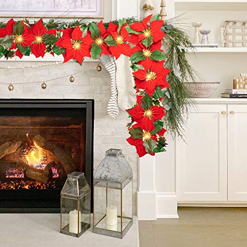 Christmas Poinsettia Garland, 7 FT 10 LED Velvet Artificial Flower