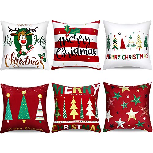 6 Pieces Christmas Pillow Cover Merry Christmas Throw Cushion Covers (18 x 18 Inch)