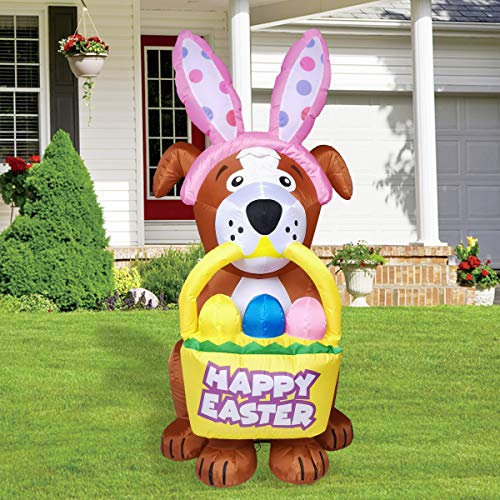 5 FT Easter Inflatables Dog w/ a Bunny Headband & LED Lights Home Decoration