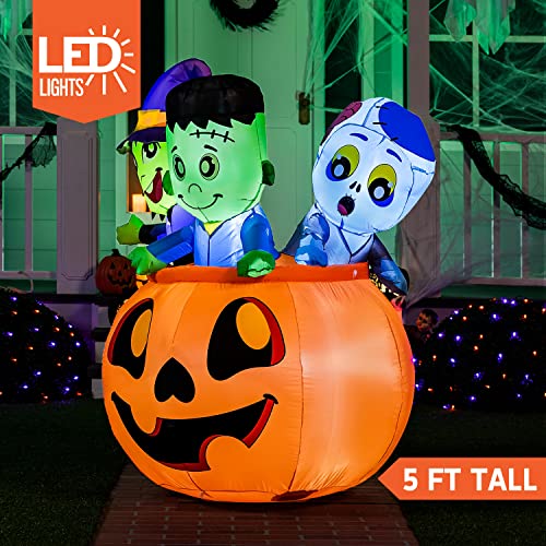 5 FT Tall Halloween Inflatable Three Characters on Pumpkin w/ LED