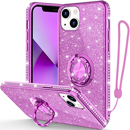 Phone Case for iPhone 13, Glitter Protective Case w/ 360 Degree Ring Stand