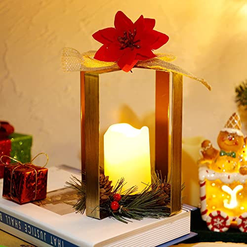 Christmas LED Candle Lantern Lights, Poinsettia Candleholder w/ Flameless Candle