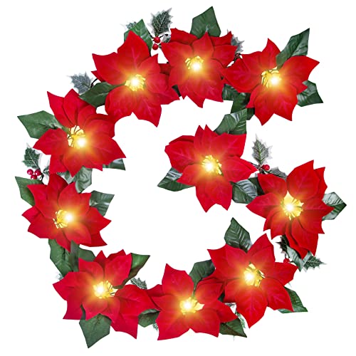 6.5 Feet Pre-Lit Velvet Artificial Poinsettia Christmas Garland with Lights & Red Berries Christmas Decor