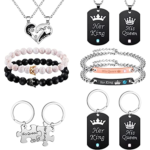 12 Pieces Her King His Queen Necklace Bracelet Couple Keychain Heart Crown Pendant Set