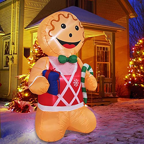 4 Foot Christmas Inflatables Gingerbread Man Christmas Decoration Outdoor Blow up Candy Cane Gift Box with LED Lights