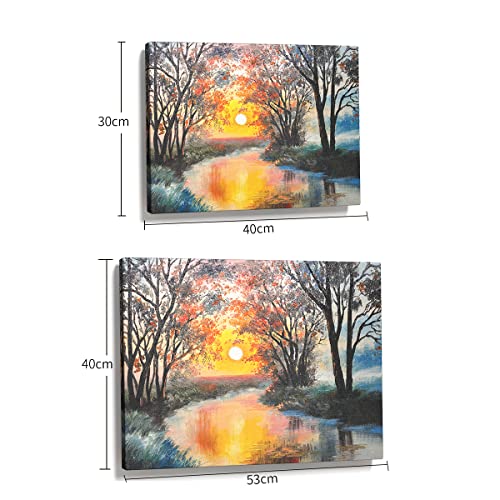 Blue Red Trees Sunrise in Forest Landscape Wood Framed Canvas Wall Decor 12x16"