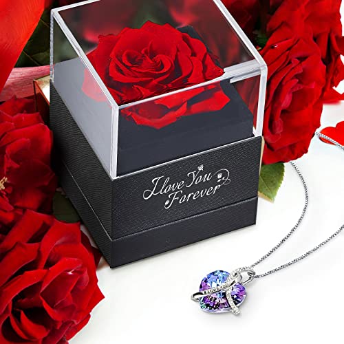 Preserved Rose w/ Heart Necklace -Real Rose Gifts for Valentines Day