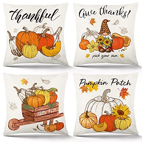 Set of 4 Cutout Pumpkin & Gnome Fall Pillow Covers (18x18 Inch )