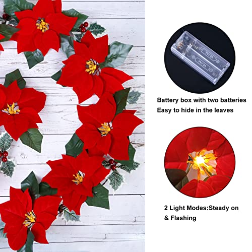 6.5 Feet Pre-Lit Velvet Artificial Poinsettia Christmas Garland with Lights & Red Berries Christmas Decor