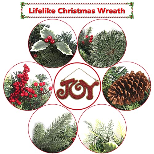 Christmas Wreaths for Front Door, 24 Inch Pre-lit w/ 50 LED Lights Battery Operated