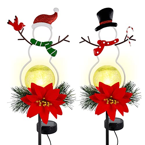 2 Pack 31" Solar Lighted Metal Snowman Stakes w/ Twinkle Led Glass Balls