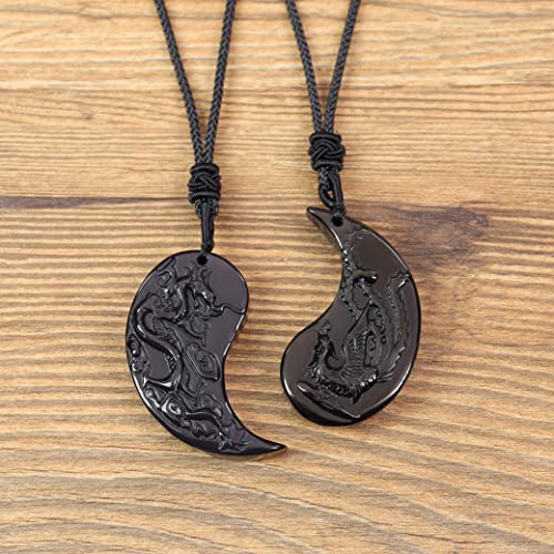 Obsidian Dragon & Phoenix Yin Yang Pendant Necklaces for Couples