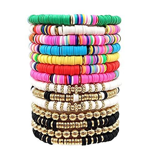 14 Pcs Colorful Surfer Stackable Rainbow Vinyl Beaded Bracelet Set Bundle Promo