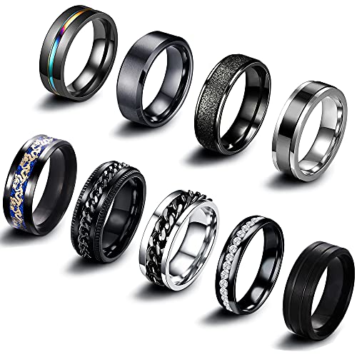 9Pcs Black Stainless Steel Band Rings for Men/Women