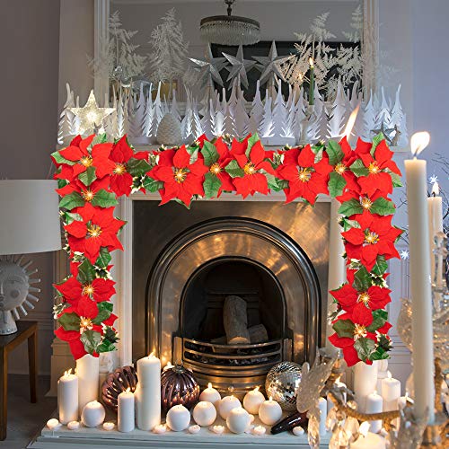 Christmas Poinsettia Garland, 7 FT 10 LED Velvet Artificial Flower