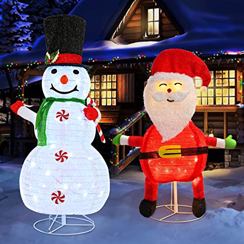 Set of 2 Collapsible 3.0FT Snowman 2.6FT Santa w/ 100 LEDs Plug-in  Christmas Decoration