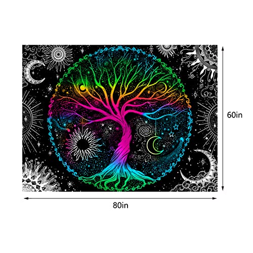 Tree of Life Sun Moon Galaxy Space Colorful Aesthetic Tapestry (60×80 inches)