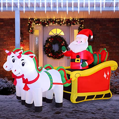 6 FT Long Inflatable Unicorn Pulling Sleigh Christmas Decoration w/ LEDs