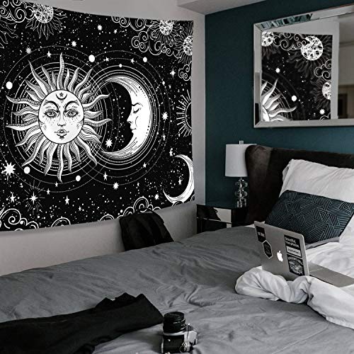 Sun and Moon Star Burning Sun with Stars Floral Mystic Aesthetic Wall Tapestry ( Black and White )