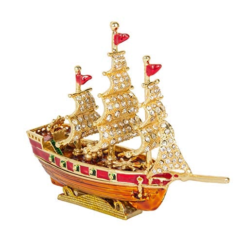 Hand Painted Enameled Ship Style Decorative Hinged Jewelry Trinket Box Home Decor