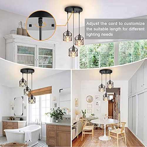 Industrial 3 Pendant Lighting, Adjustable Hanging Light Fixtures w/ Metal Caged E26 Base, Black