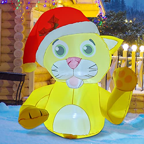 4.2 FT Christmas Inflatables Yellow Cat Wears Christmas Hat w/ LEDS