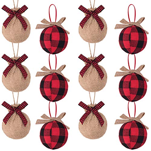 12 Pcs Red Black Buffalo Check Plaid Stitching Burlap Christmas Tree Ornaments