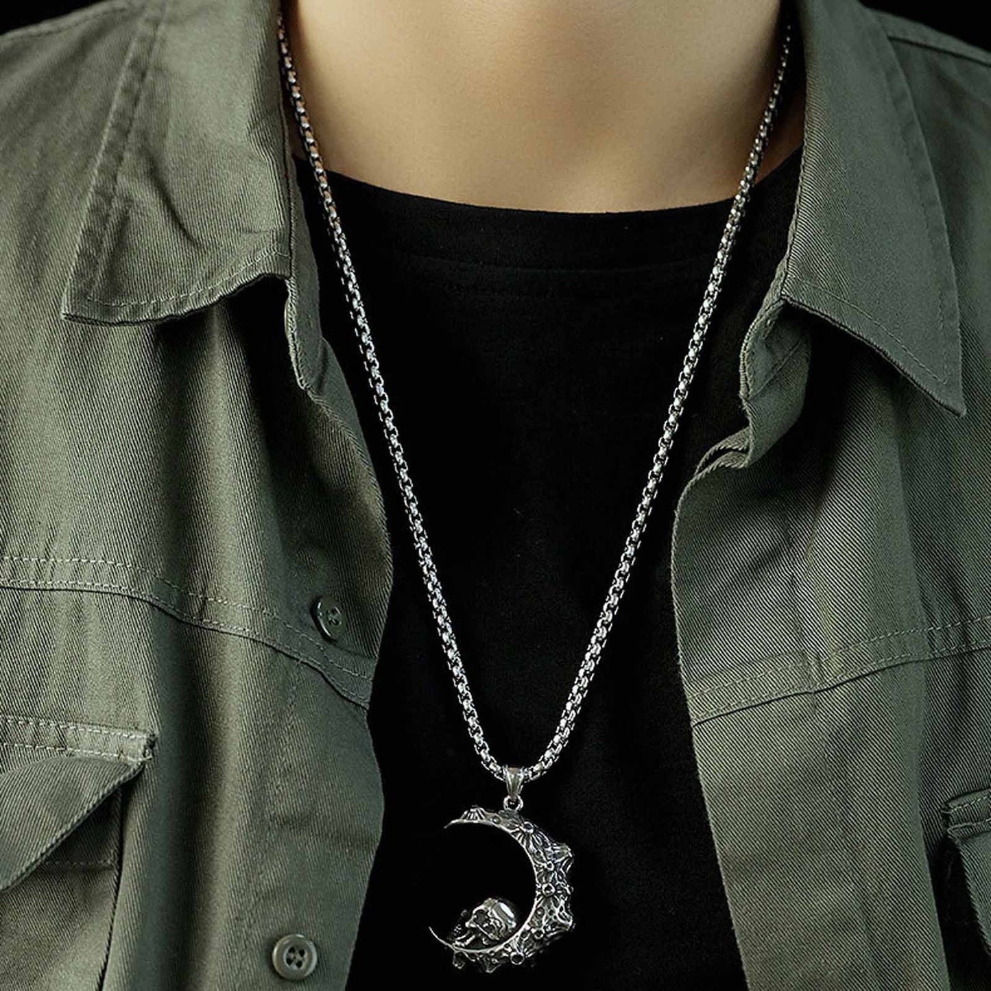 Punk Moon Skull Pendant Necklace for Men/Women