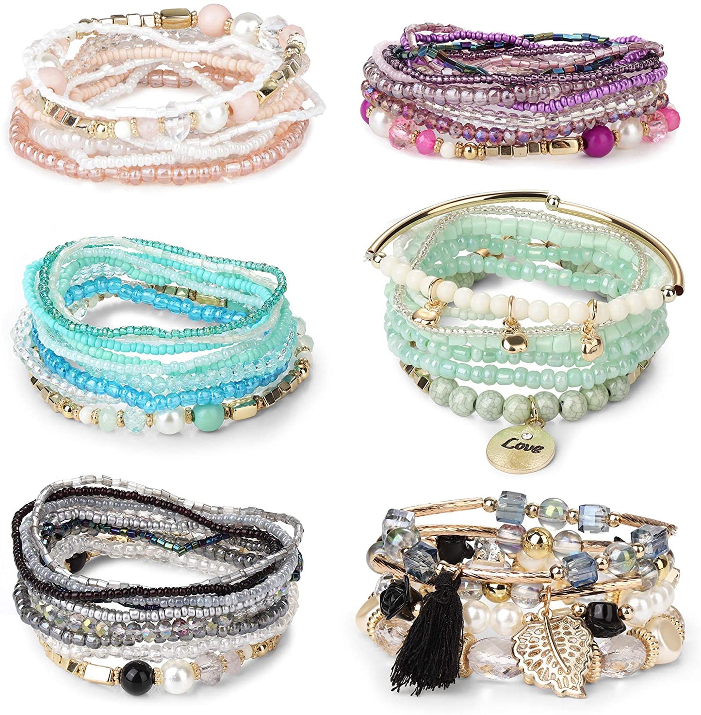 6 Sets Bohemian Stackable Bead Bracelets for Women