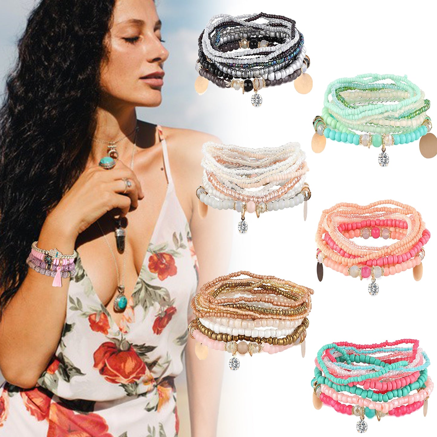 3-6 Sets Bohemian Beaded Multilayer Stretch Stackable Bracelet