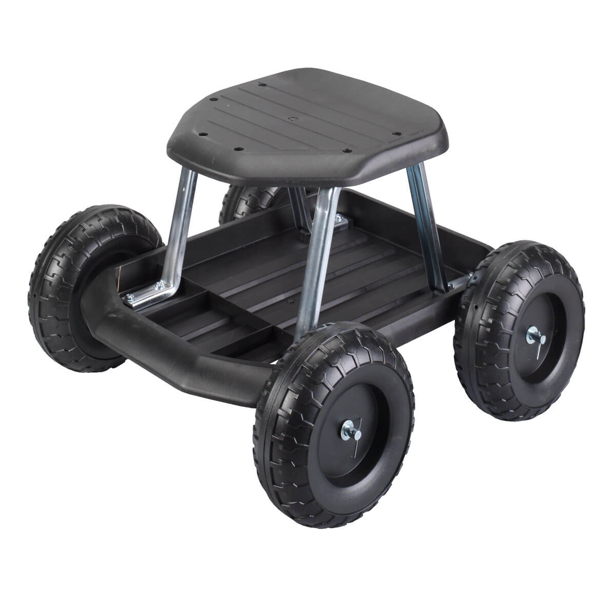 Garden Cart Scooter w/ Seat & Utility Tool Storage Tray, Black