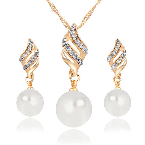 Women Faux Pearl Spiral Rhinestone  Earring & Necklace Set