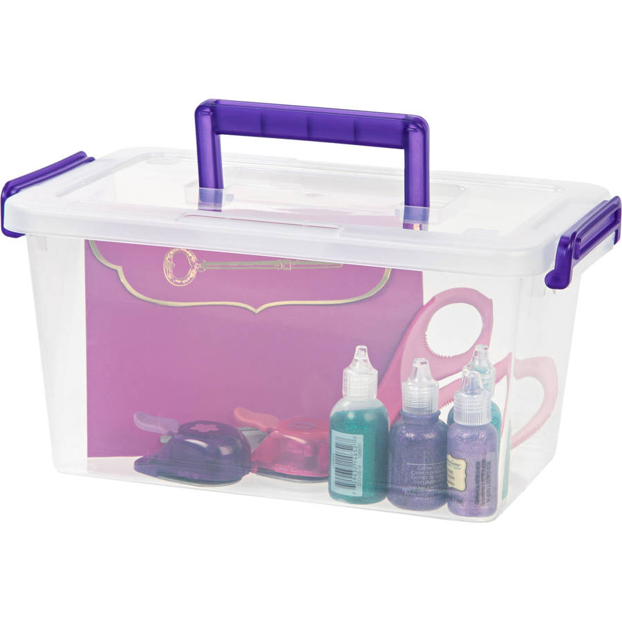 Medium Deep Modular Latching Box - Purple Handle, 6 Pack, Clear