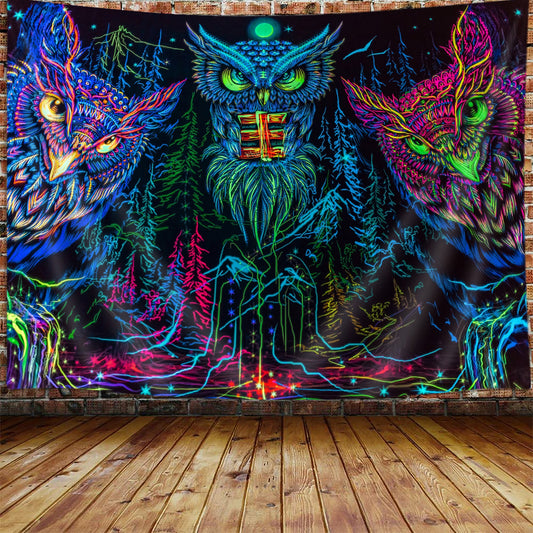 Psychedelic Trippy Blacklight Owl Witchy Forest Line Art Tapestry 60X40inches