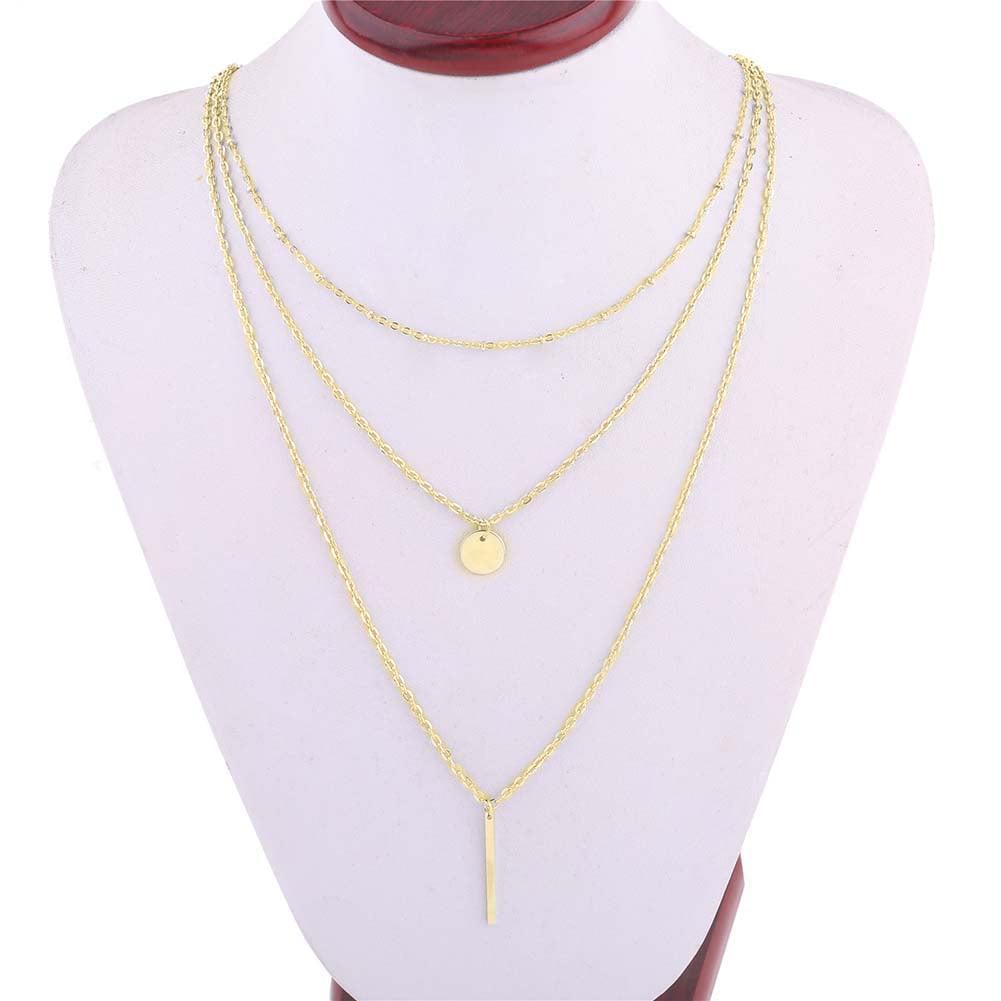 Women Necklace w/ 3 Layer Bar Round Pendant Punk Style