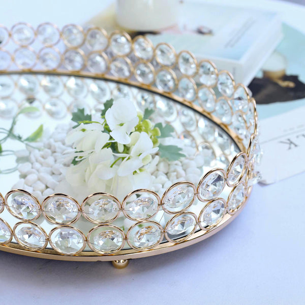 Gold Metal Crystal Beaded Decorative Serving Tray- Oval