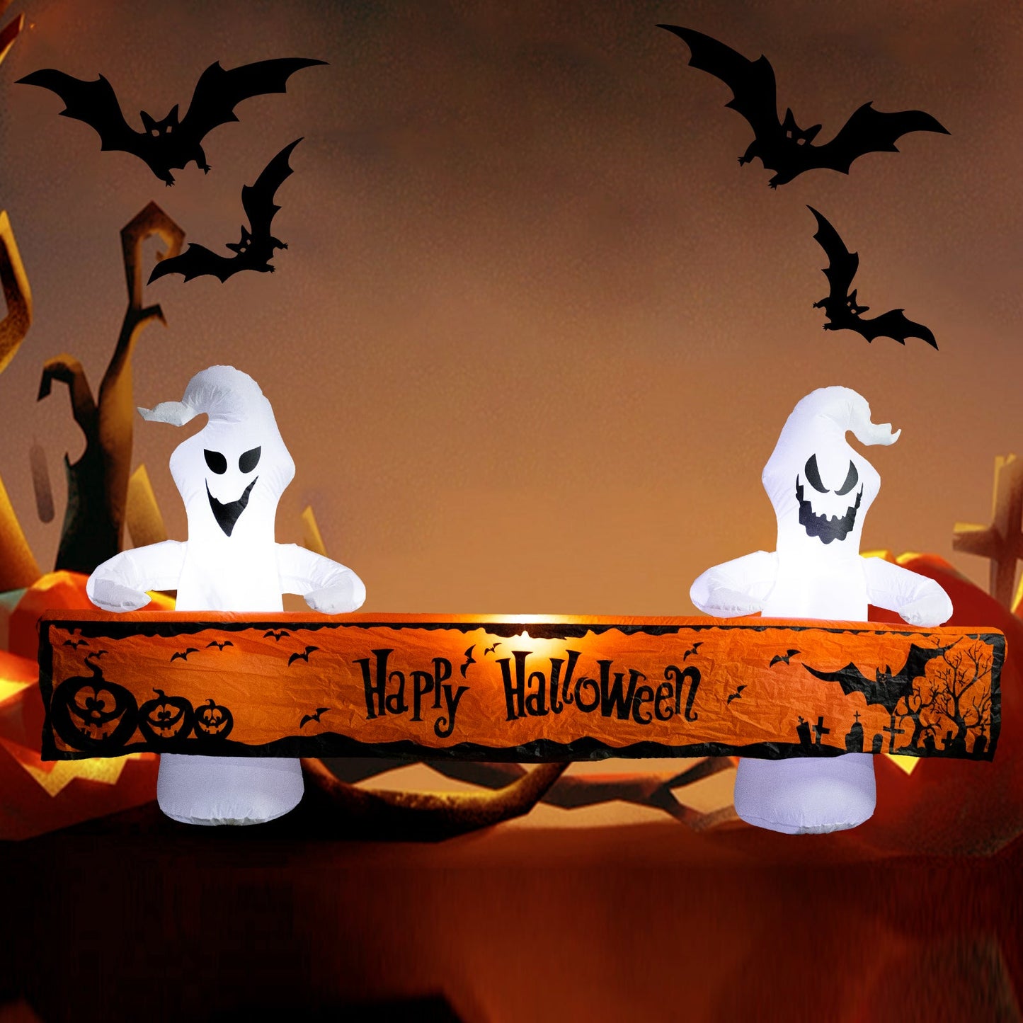 8 Ft Halloween Inflatable White Ghosts w/ Lighted Orange Banner