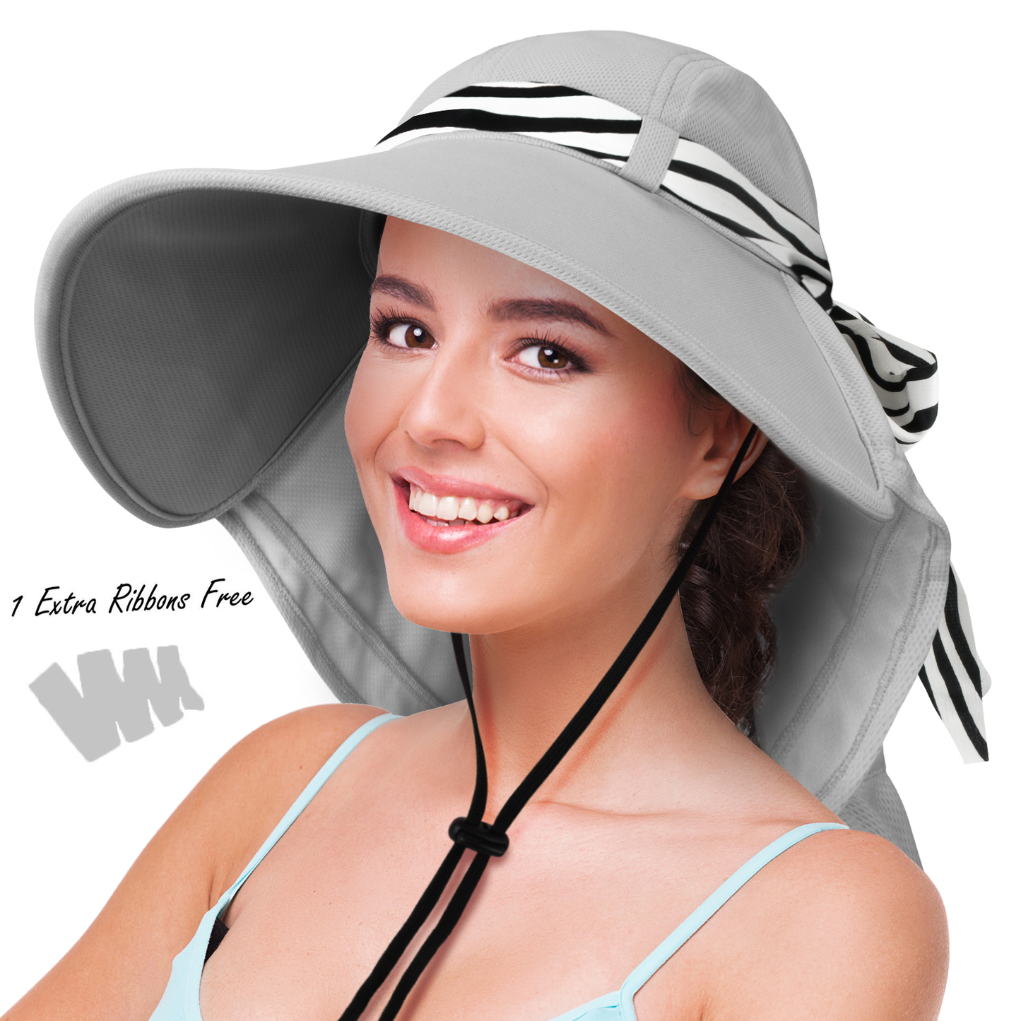 Neck Flap Wide Brim  Sun Hat for Women w/ 2 Replaceable Ribbon