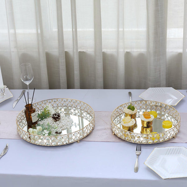 Gold Metal Crystal Beaded Decorative Serving Tray- Oval