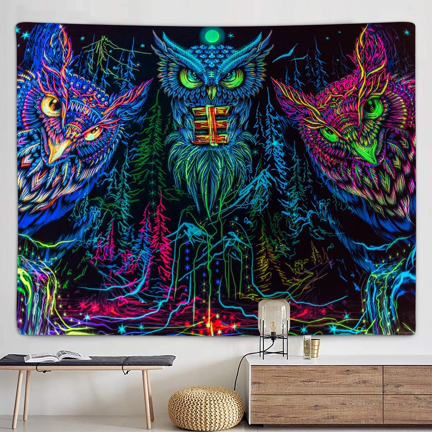 Psychedelic Trippy Blacklight Owl Witchy Forest Line Art Tapestry 60X40inches