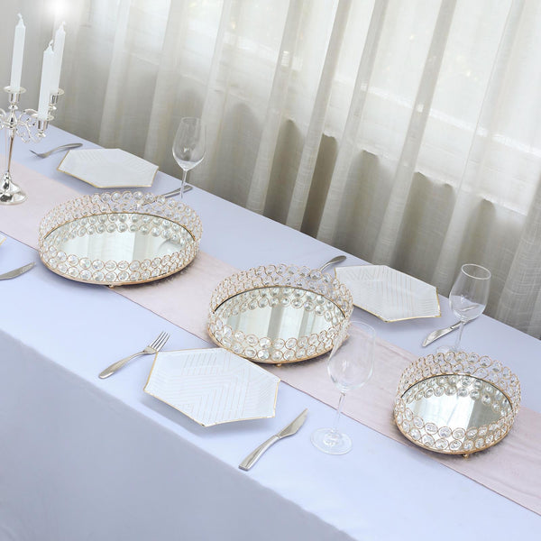 Set of 2 Gold Metal Crystal Beaded Decorative Serving Trays
