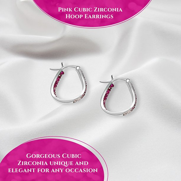 Pink Red Crystal Inside Out Elegant Hoop Earrings Silvertone